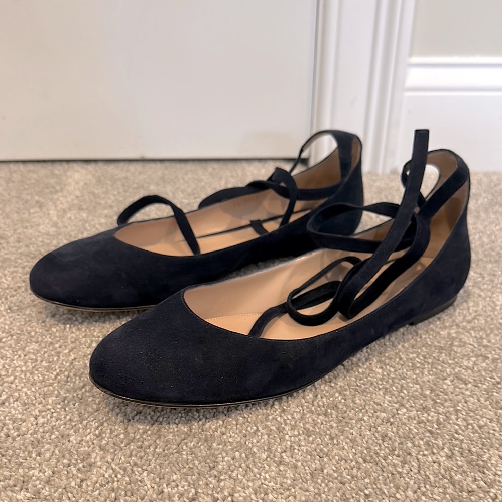 Gianvito Rossi Navy Suede Tie Ankle Ballet Flats